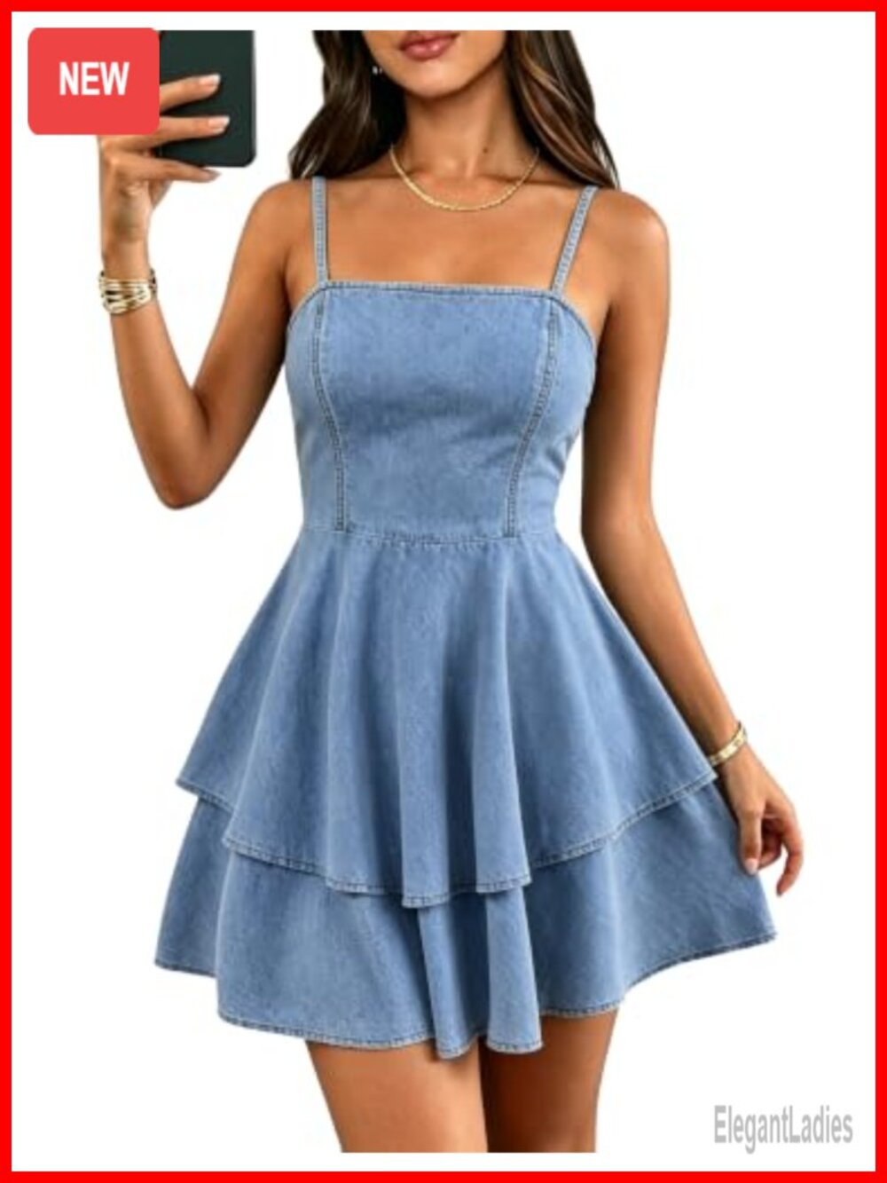 FOMELY Women's Denim Mini Dress Spaghetti Strap Tiered Sundress